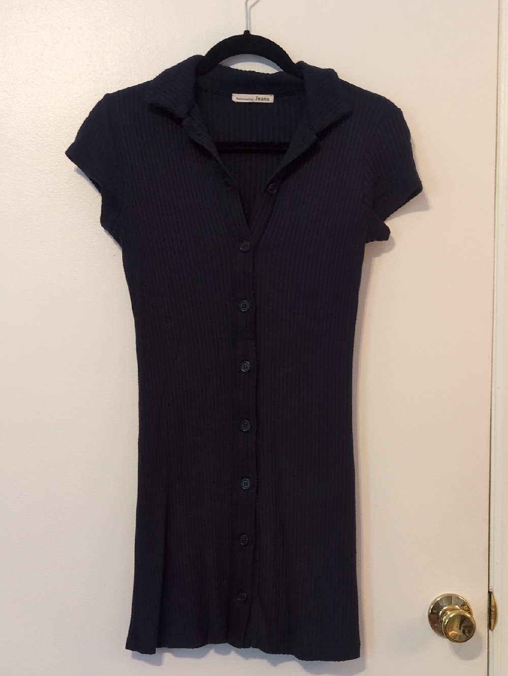 Reformation Navy Ribbed Button-Front Mini Dress
